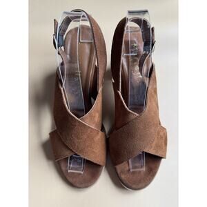 Mariella Caramel Suede Cross Band Stacked Heel Sandals Made In Italy 9 Classic